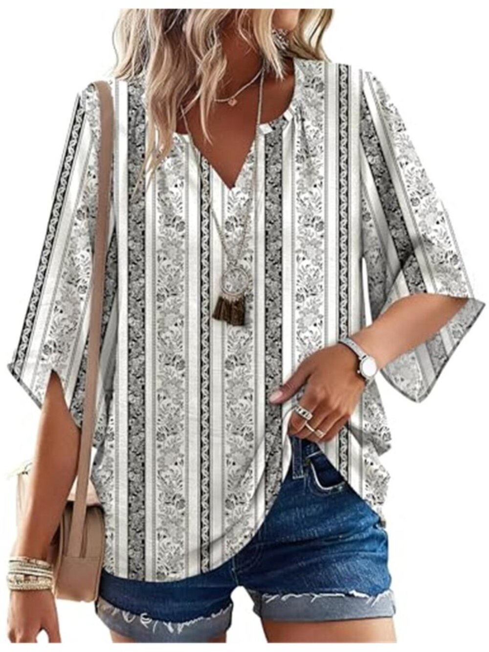 Womens Boho Paisley Peasant Blouse Bell Sleeve Flowy Tunic Summer Beach Top
